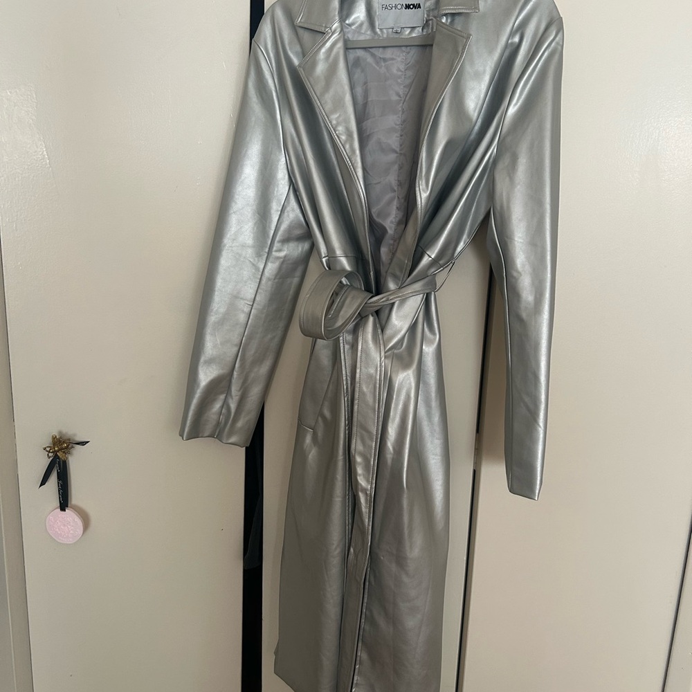 Fashion Nova Metallic Silver Trench Coat - Picture 3 of 5